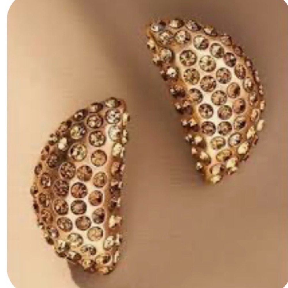 Anthropologie Crystal Half Moon Post Earrings gold festive statement piece party